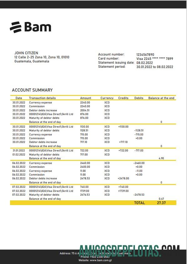 Modelo de extrato bancário Guatemala Agromercantil em branco, formato Word e PDF